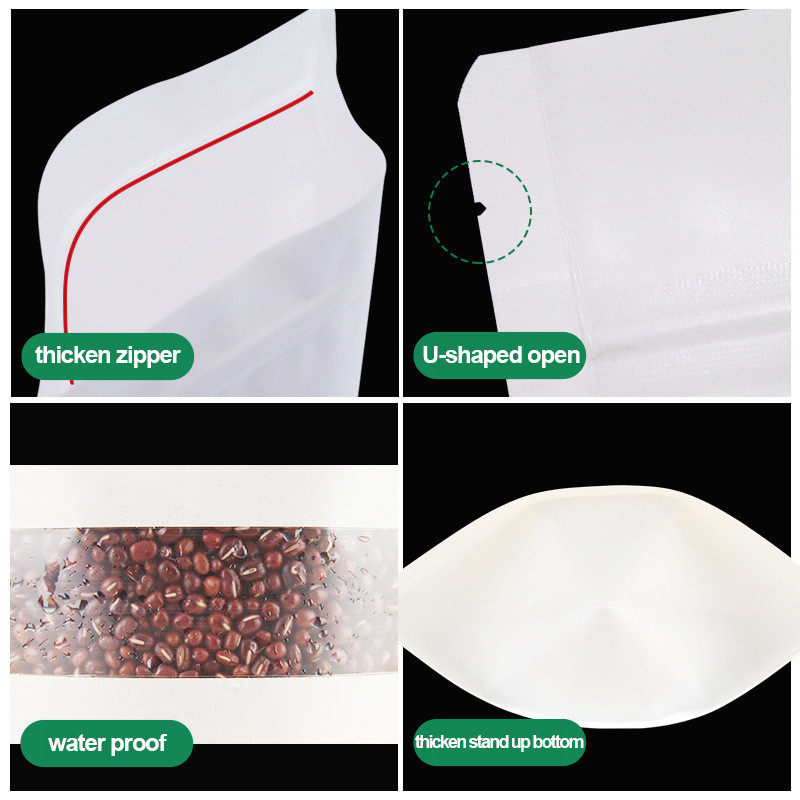 Customized Printing White Kraft Stand Up Bags With Ziplock And Custom Window For Dry Food Nuts Peanuts Packaging
