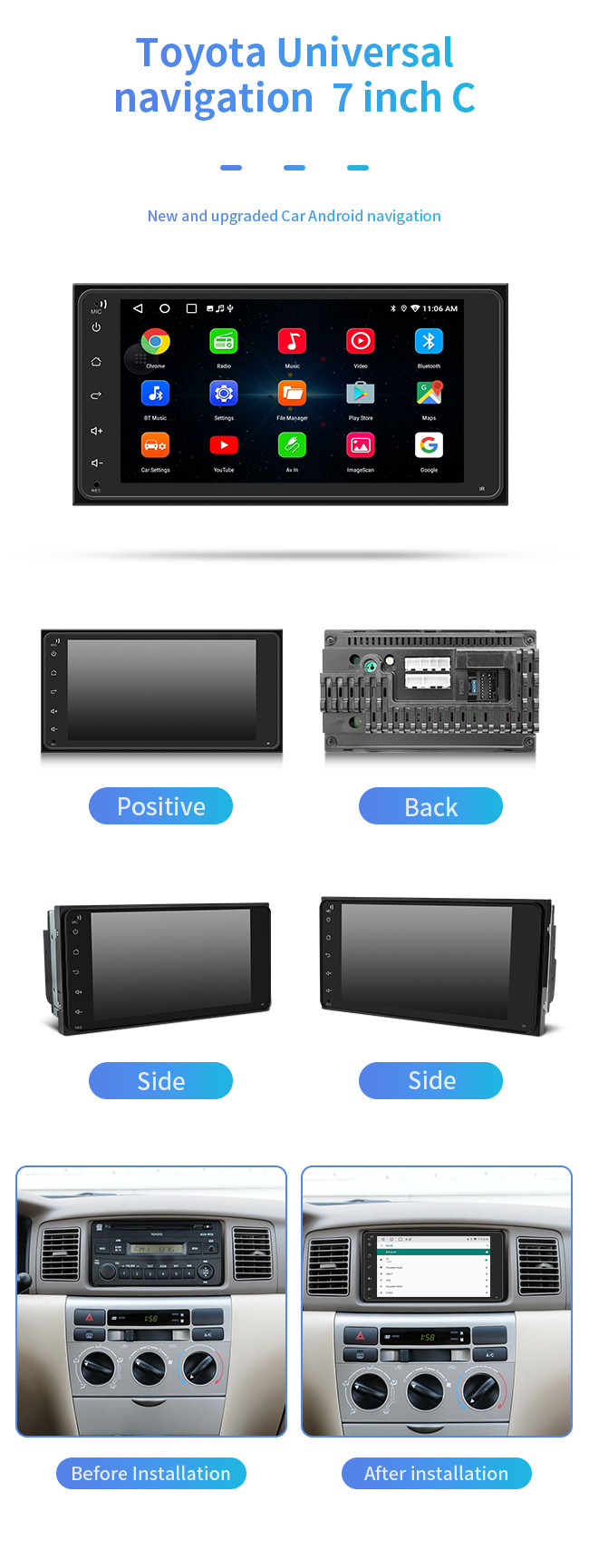 4 Core Car Android GPS Navigation 7 Inch 1080P Screen BT Music Phone For Toyota