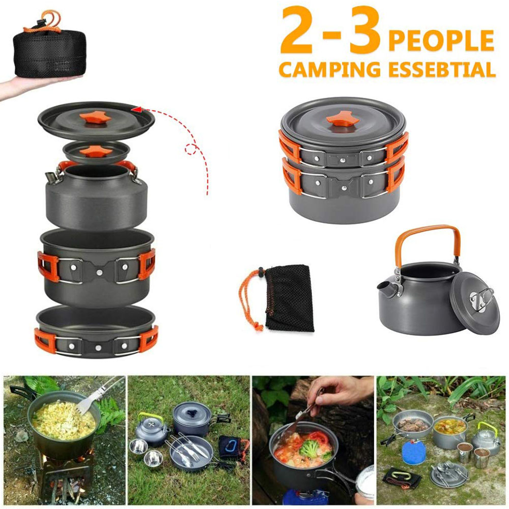 Sustainable 8Pcs Camping Cookware Mess Kit Portable Picnic Pot Pan