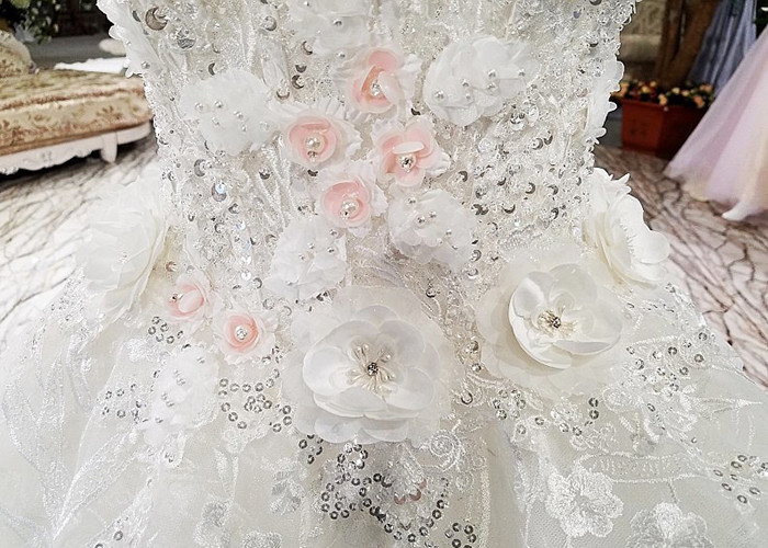 Beaded Off Shoulder White Wedding Gown Colorful Flowers Back Bandage Long Tail