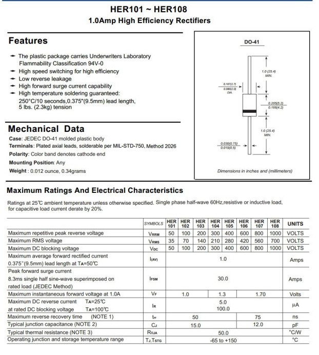 High Efficiency Rectifiers Diode 1A HER101 Thru HER108 Do-41 Package