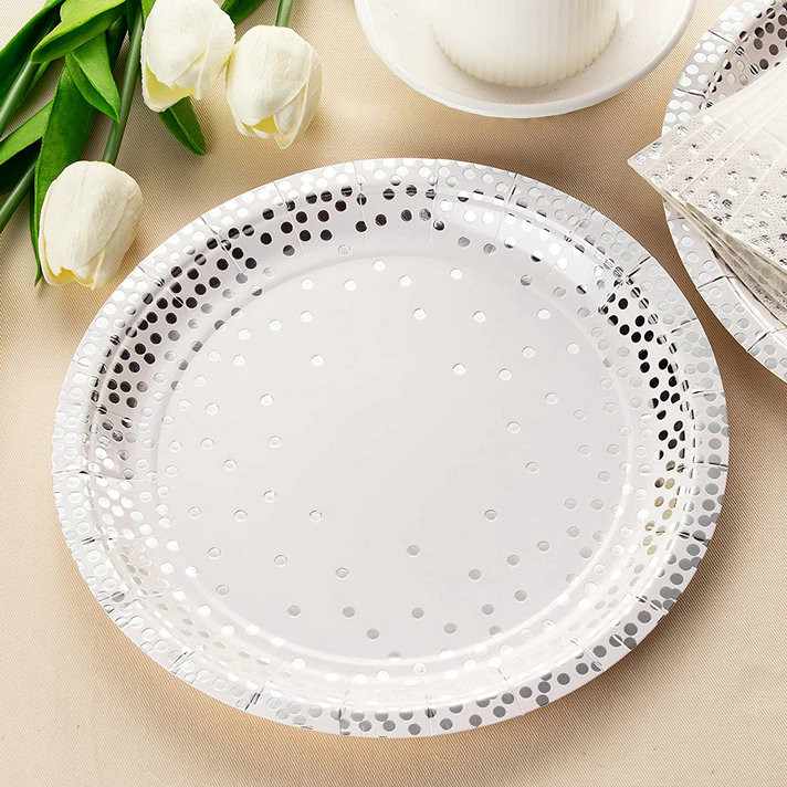 Bio Food Containers Silver Foil Dot Theme Compostable Paper Plates