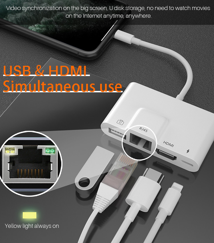 portable OEM 0.2M Lightning To 4 In 1 Camera Card Reader With RJ45