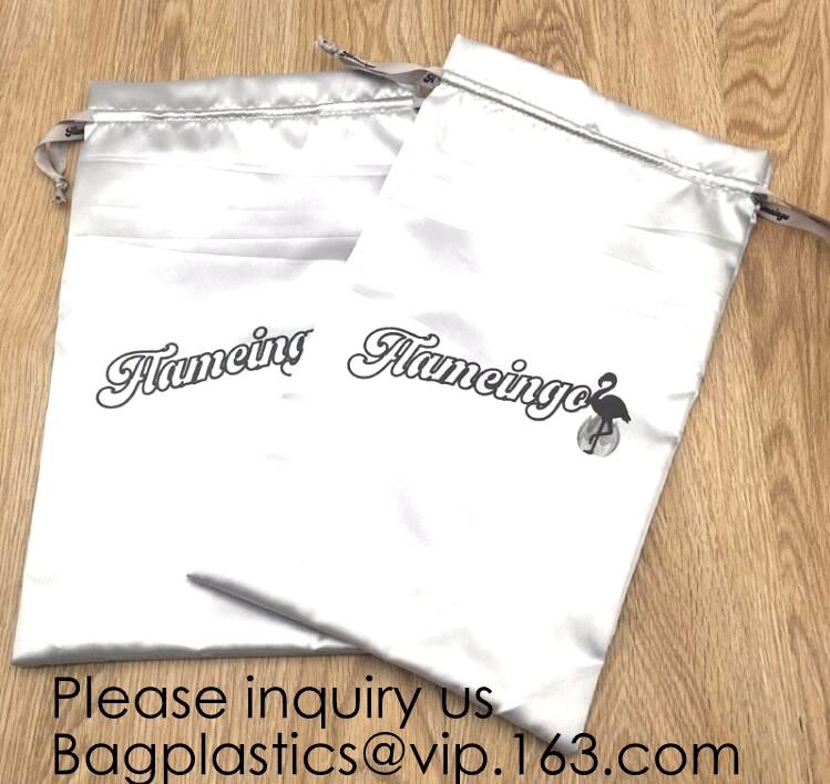 Customized Drawstring Cup Holder Bag,White Satin Bag With Rose Gold Printing And Ribbon, swimwear, underwear package pac