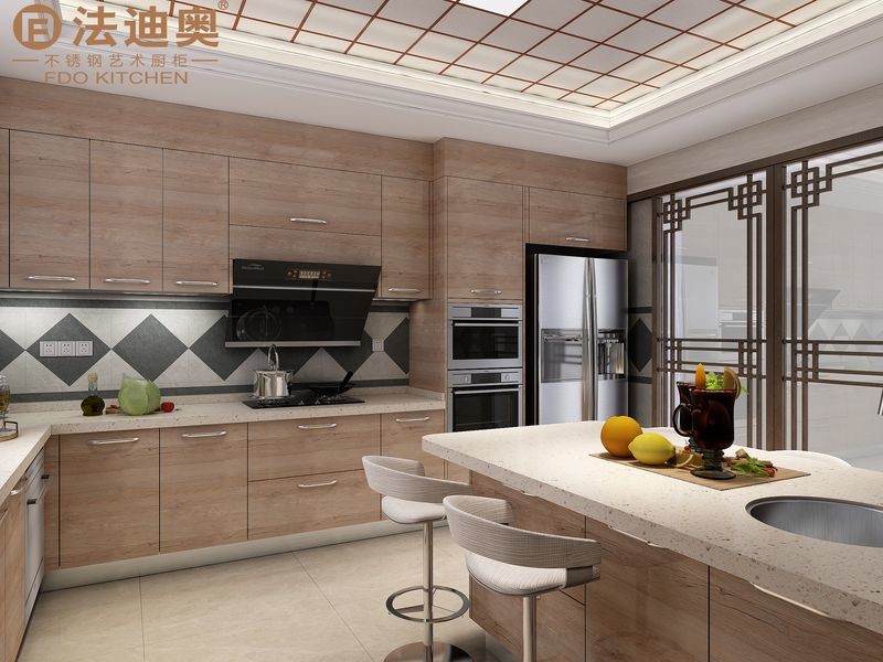 Modern Stainless Steel Kitchen Cabinet With Wood Grain Finish And U-Shaped Design