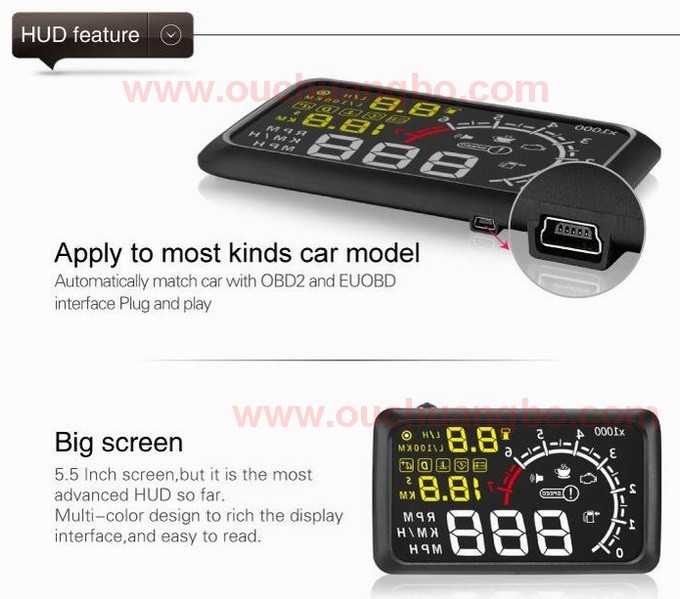 Ouchuangbo 5.5 inch multi colour auto HUD car head up display with bluetooht support refuel RPM icon speed alarm