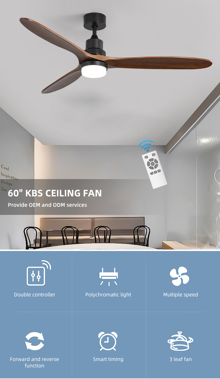 Indoor Remote Control 1500LM Solid Wood Ceiling Fan Light 120V 3000-5000K