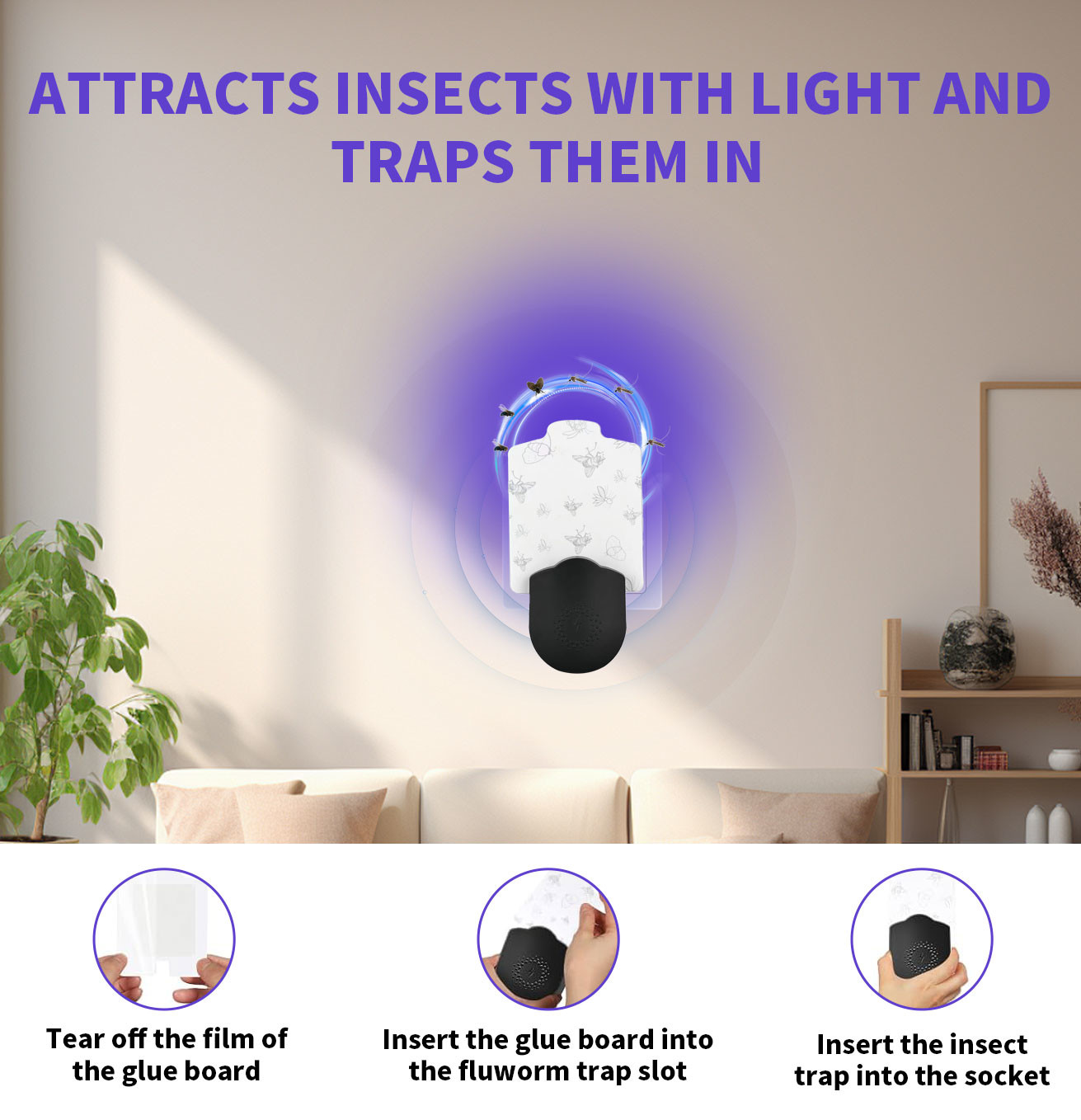 JZ New Arrival Indoor UV Light Human Harless Plug in Sticky Bug Zapper Mosquito Killing Glue Trapper for Indoor