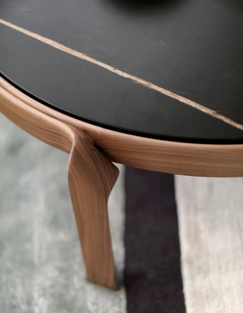Premium Interior Coffee Side Table With Marble Top Curved Walnut Frame Legs