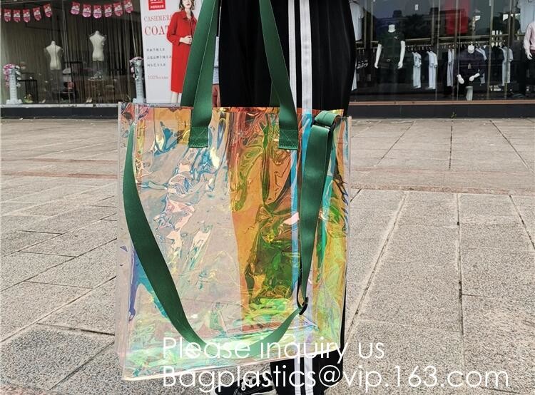 Waterproof All Over Printing PVC Coating Tote Shoulder Fabric Shopping Bag With Gusset And Lining,Jelly Clear Plastic PV