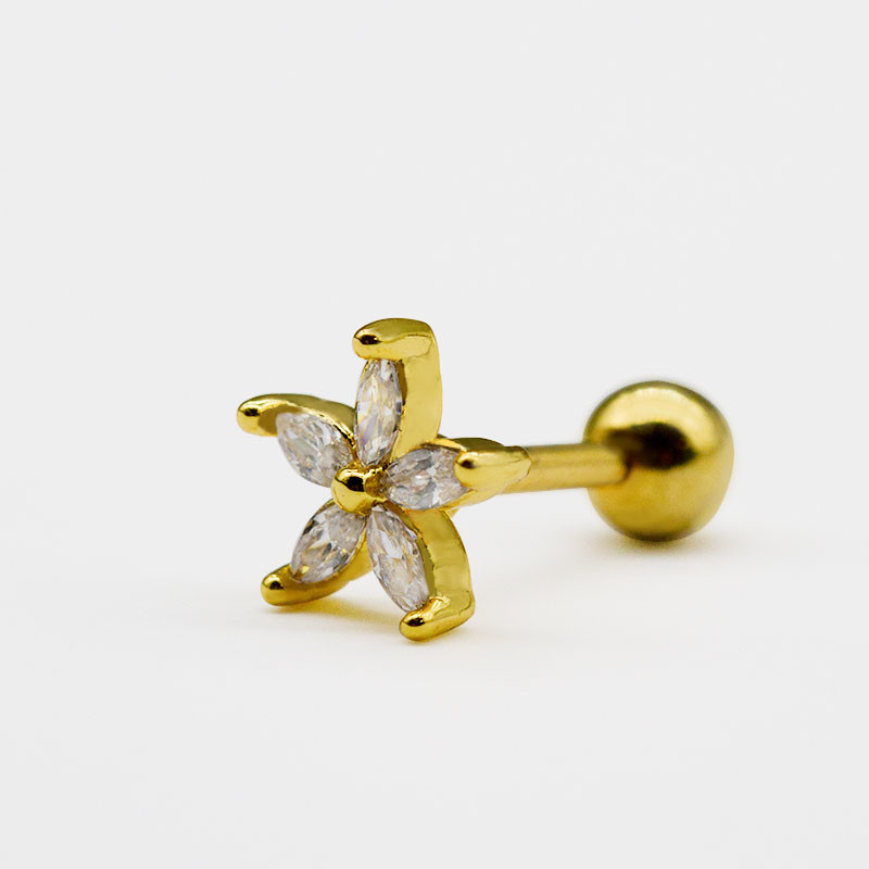 Gold Flower Ear Piercing Jewellery Clear Gems 1.2mm 16 Gauge Earrings Studs