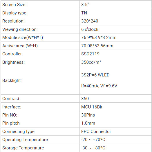3.5 Inch Resolution 320X240 MCU 16 Bit Parallel Interface Driver IC SSD2119 Landscape Type LCD Display Module