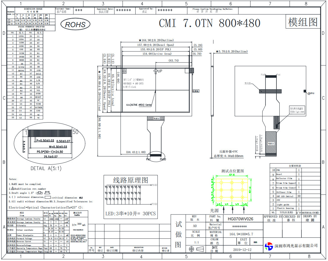7.0-inch is an RGB interface, TFT, TN 6 0'Clock is ultra-wide view, resolution of 800 * 480 LCD TFT Display