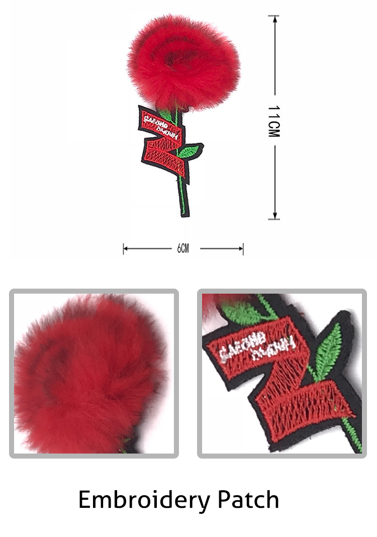 Red Flower Embroidery Designs Patches Custom Logo With Rabbit Fluff Material