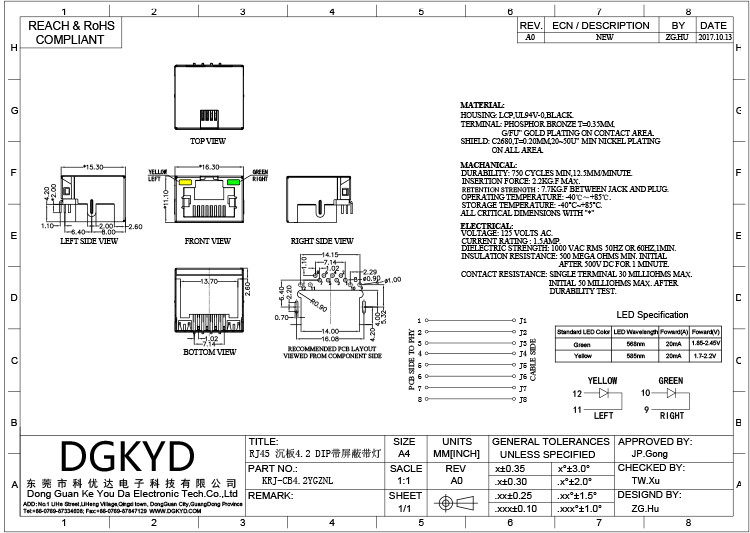 KRJ-CB4.2YGZNL Metal Shielded Dip Low Profile Rj45 Jack
