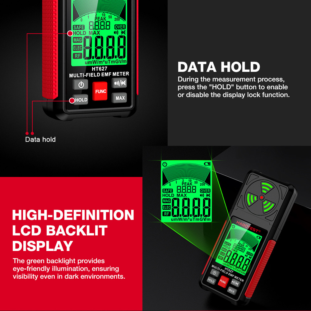 HT627 EMF Meter Professional Electromagnetic Field Radiation Detector Handheld Portable Radio Frequency Warn Meter