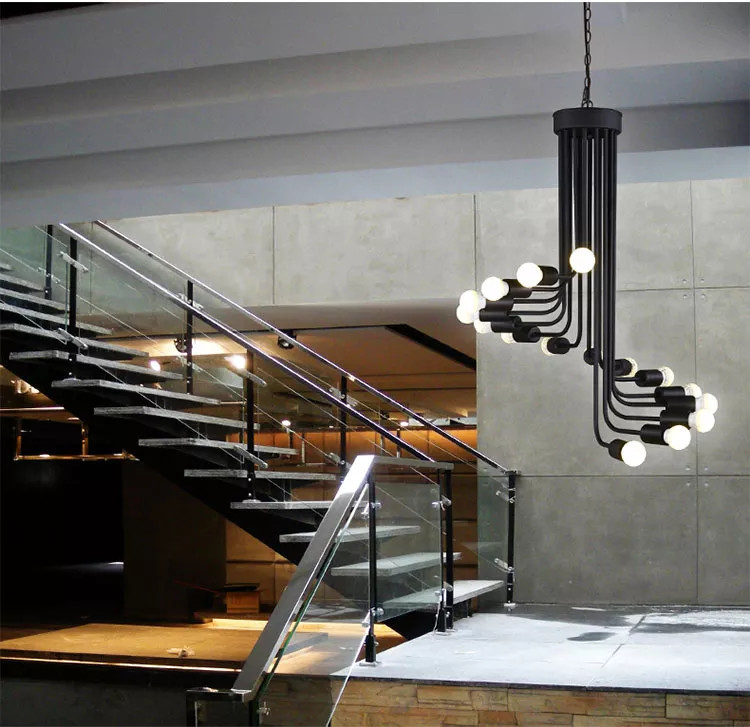 Black staircase shape vintage spiral wrought iron hotel chandelier(WH-CI-157)