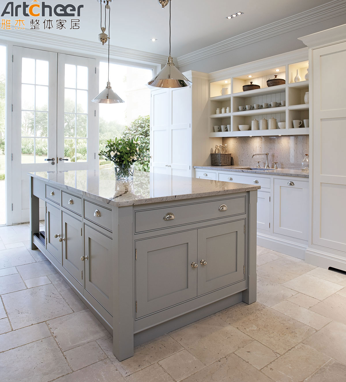 kitchen island base cabinets with Marble Stone and Modern Glass Pendant Light Design