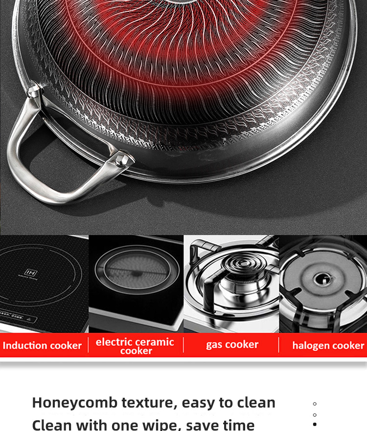 Hot Selling Kitchen 32cm Induction Wok Pan SUS 304 Stainless Steel Honeycomb Non-stick Frying Pan