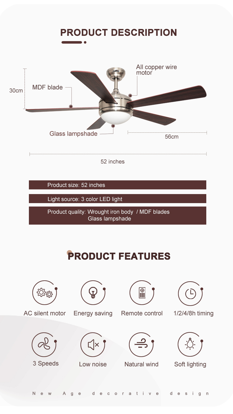 110-240V Ceiling Fan with Light and Remote Home Decoration Copper Motor 5 MDF Blades