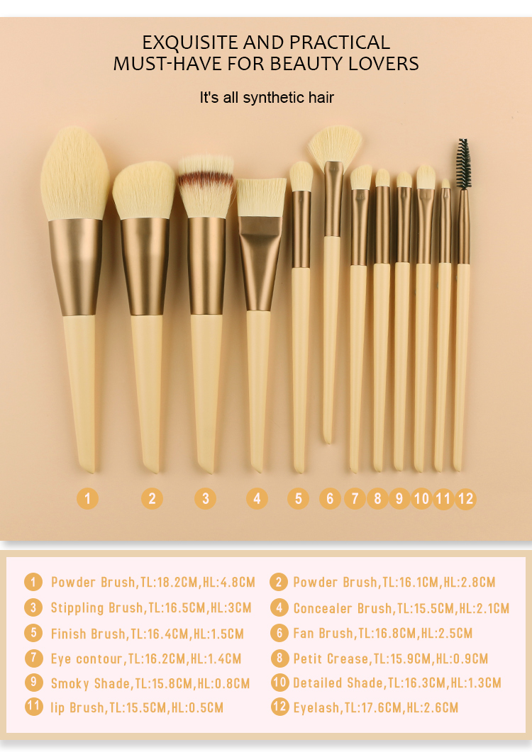 Yellow 12pcs Nano Wool Travel Makeup Brushes Set Nano Wool Travel Cosmetic Brushes