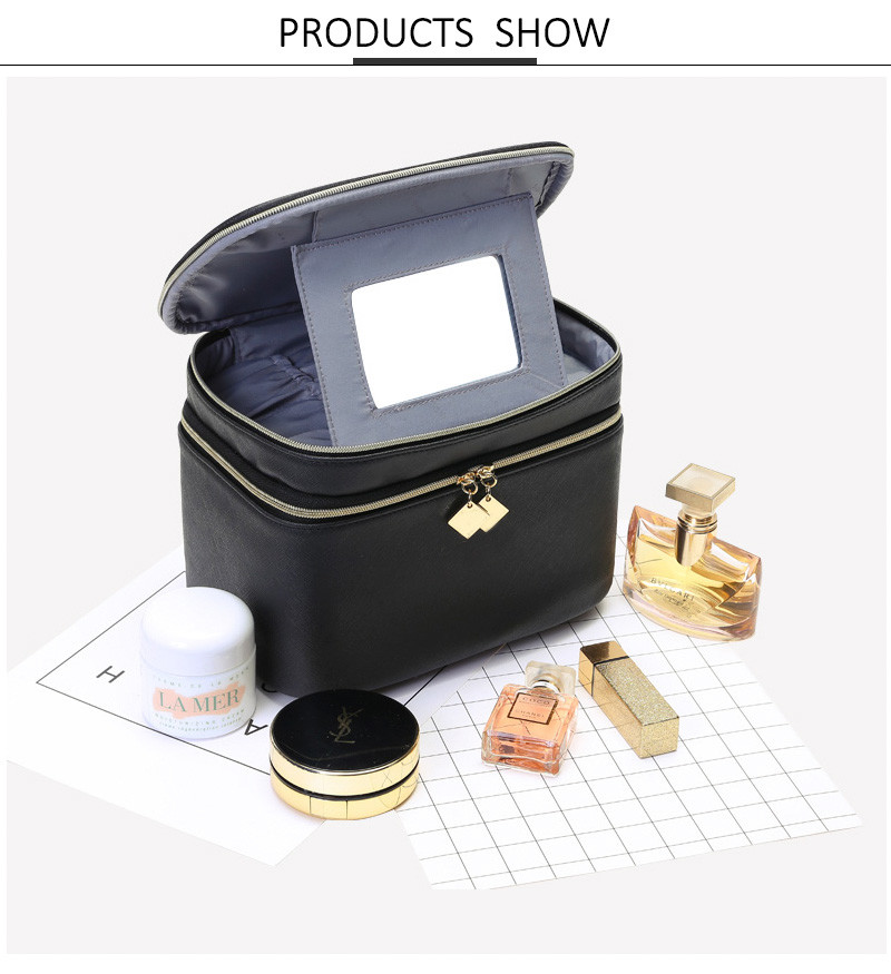 Mirror PU Leather Wash Cylinder Bucket Makeup Bag