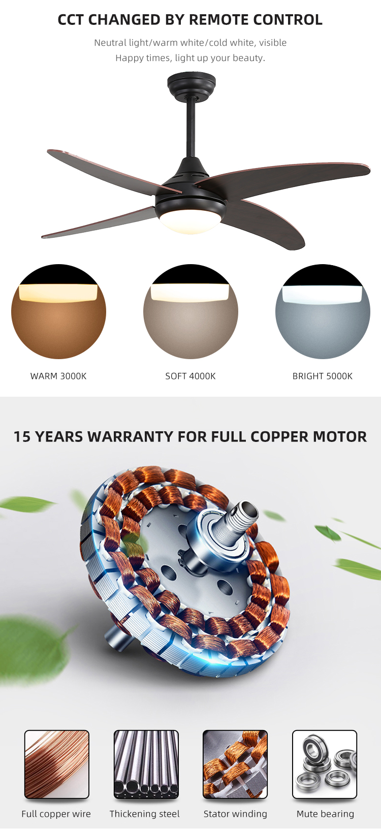 3000-5000K 50000Hour Iron Plywood Metal Blade Ceiling Fan Lamp Energy Saving