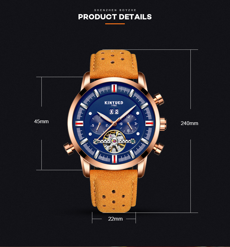 KINYUED J019-3 Private Label Gold Case Genuine Leather Auto Date Skeleton Tourbillon Automatic Mechanical Wristwatches