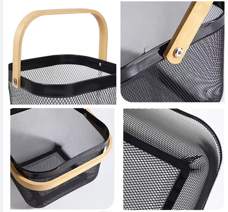 Sustainable Wire Mesh Storage Baskets With Wood Handle