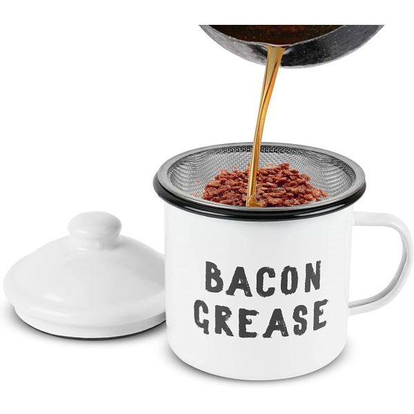 Handmade Ceramic Container Keeper with Strainer Enamel Customized Logo Bacon Fat Can for Grease Drippings Storage