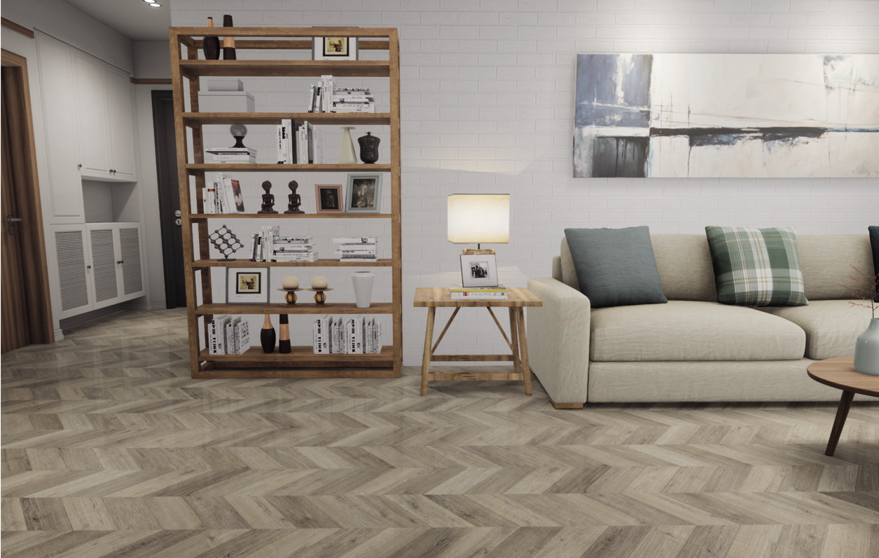 Eco Friendly Herringbone SPC Unilin Click Jump Color Oak Burlywood Wood Grain GKBM DP-W82243
