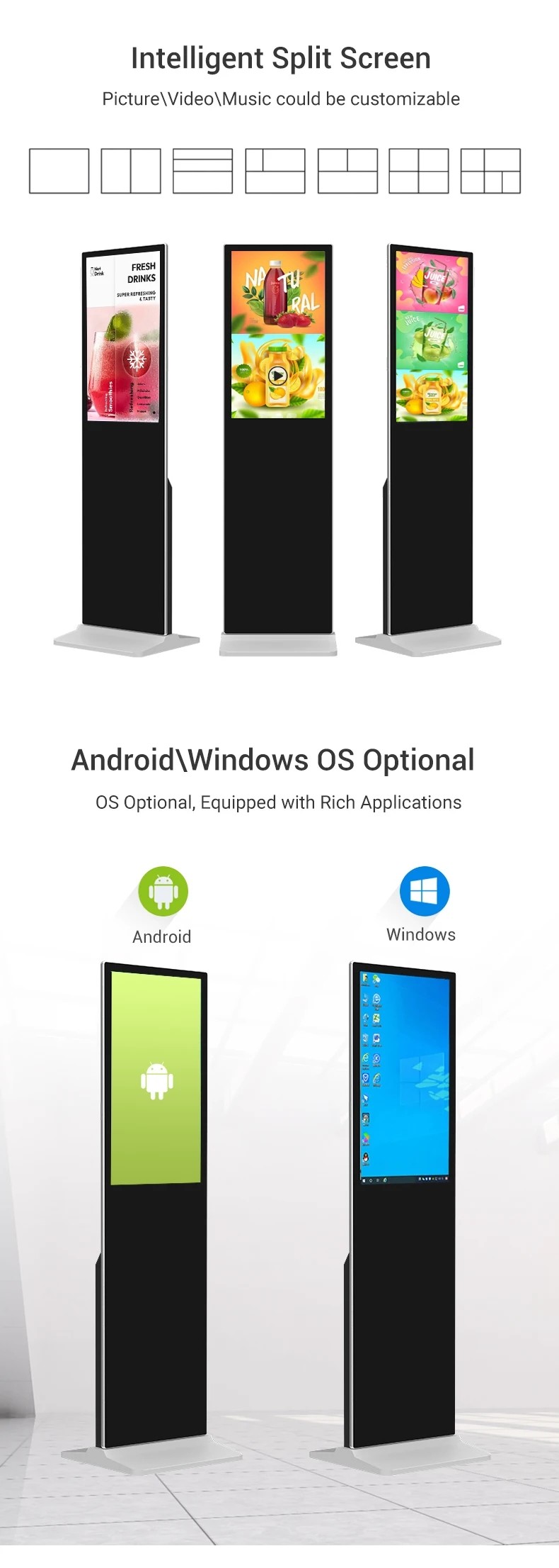 Android 32 43 55 65'' Floor Standing Touch Screen Kiosk Indoor Outdoor