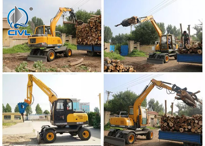 6000kg Wheeled Excavator / Mini Tire Excavators / Wood Grabber New Compact Excavators 55kw Engine Excavator Color Option