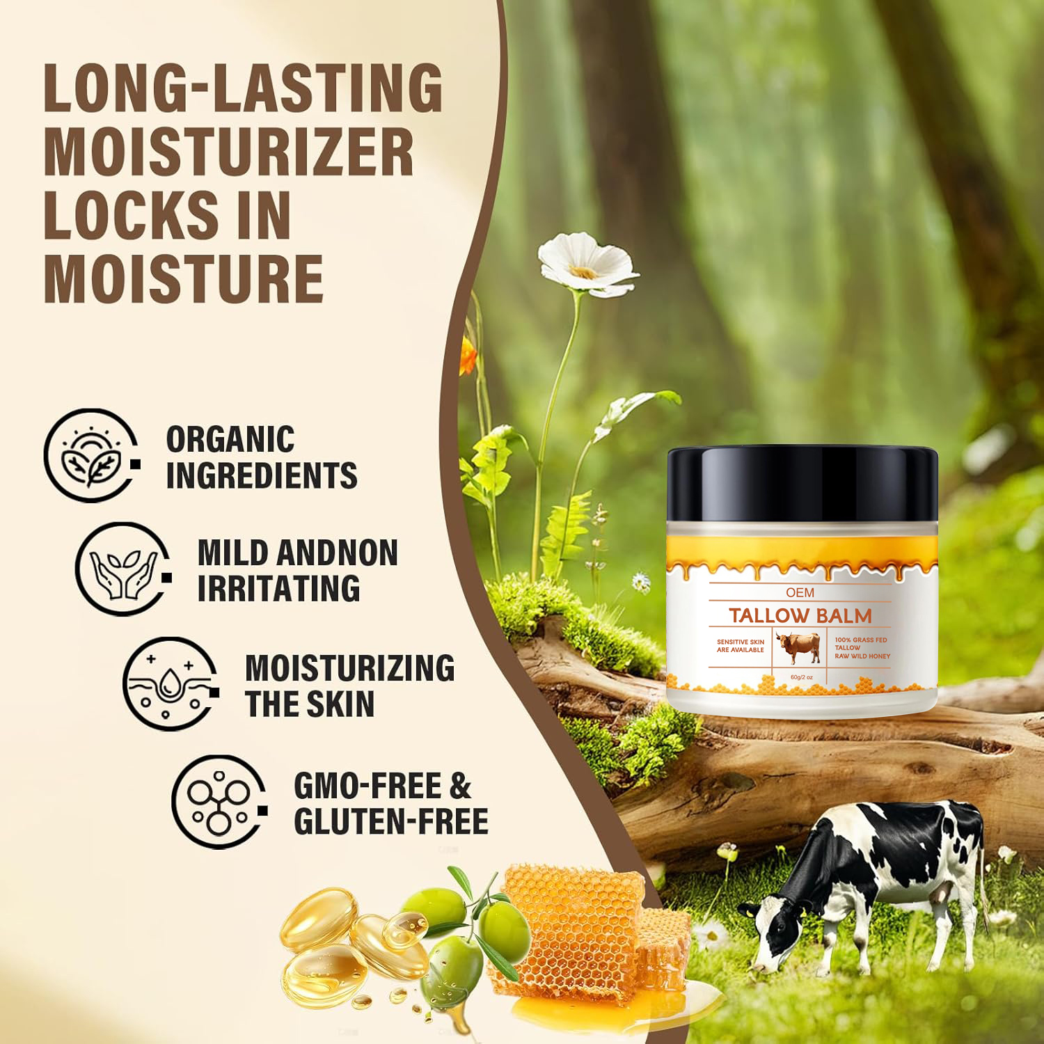 OEM ODM Tallow And Honey Balm Cream Natural Tallow Moisturizer For Face & Body Cream For All Skin Types