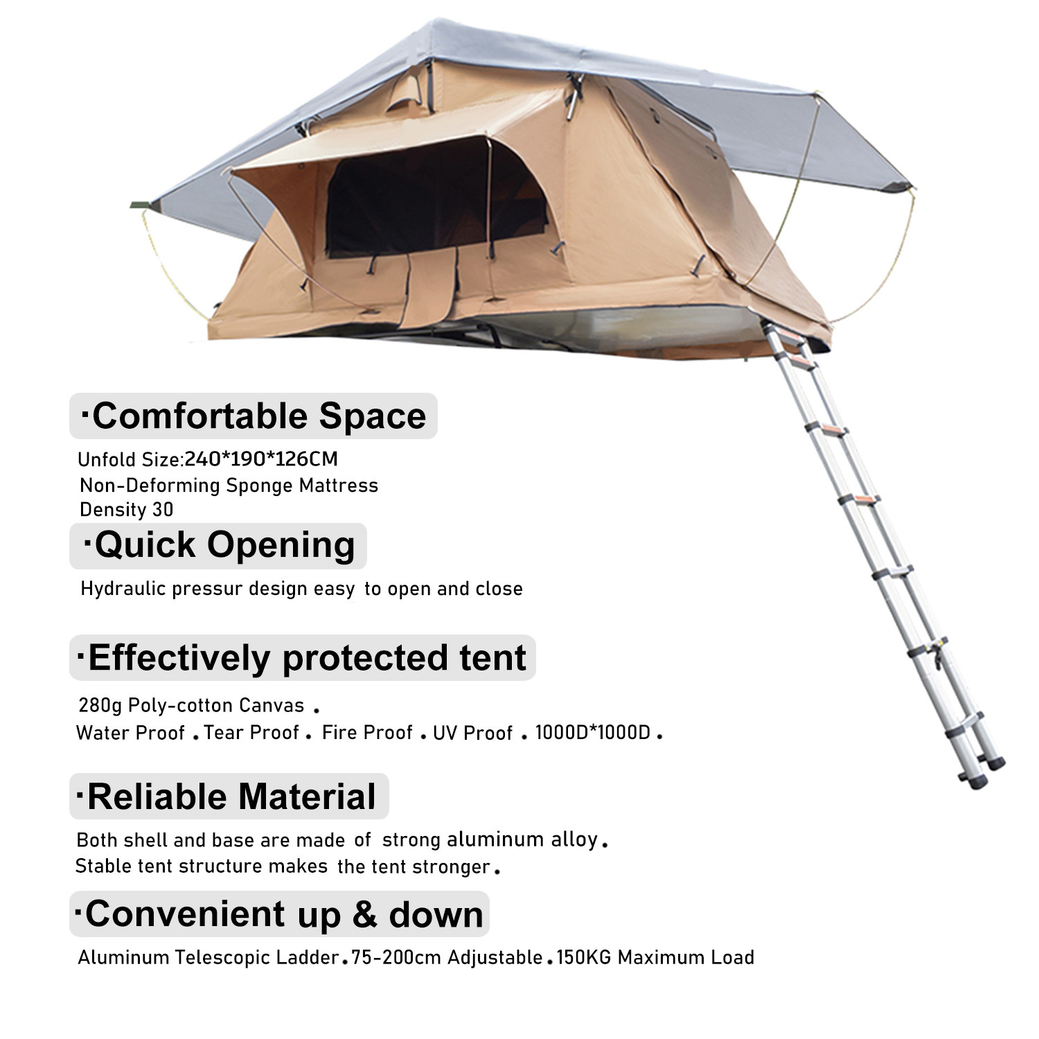 Soft Retractable Car Camping Roof Top Tent With Aluminum Ladder Mattress