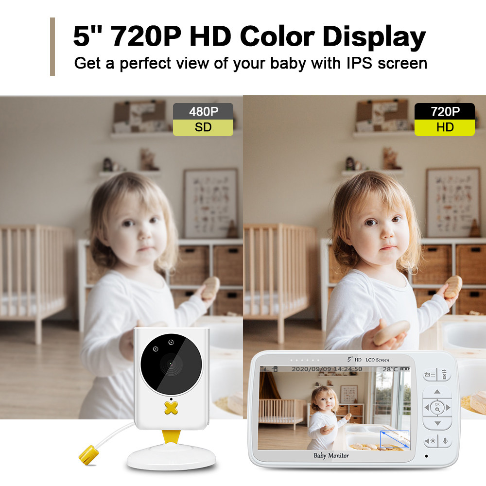 HD 5inch Display Wireless Digital Baby Monitor Voice Control Two Way Video Monitor