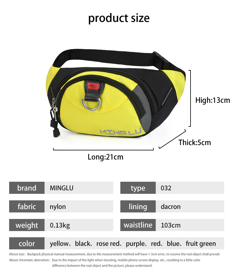 Zipper Closure Waterproof Waist Pouch Nylon Women Fanny Pack 13cm High
