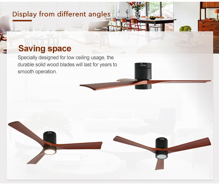 Modern 3 Blade Natural Wood LED Flush Mounted Ceiling Fan with 5 Speeds DC Motor