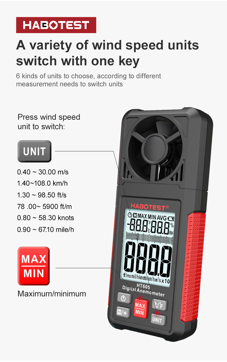 Data Hold Function HT605 Portable Digital Anemometer with Air Velocity Range 0.7-30m/s and Temperature Humidity Meter