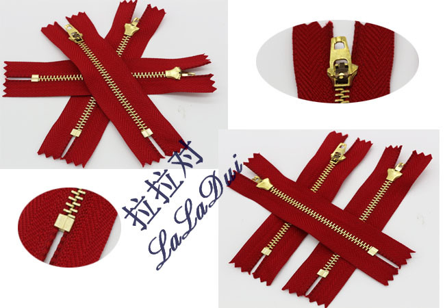 Adhesive Normal Brass Teeth Heavy Duty Metal Zippers Red Tape For Jeans / Pants / Garments