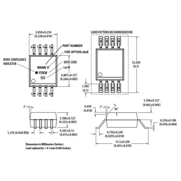 Mechanical Drawing - Broadcom ACPL-K70A/K73A High-Speed Optocouplers ACPL-K73A-560E High Speed Optocouplers With Base Output 5000Vrms 2 Channel 8-SO Stretched