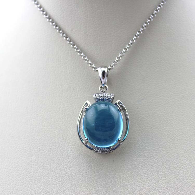 925 Silver Jewelry 12mmx14mm Oval Dome Blue Topaz Cubic Zircon Pendant(PSJ0407)