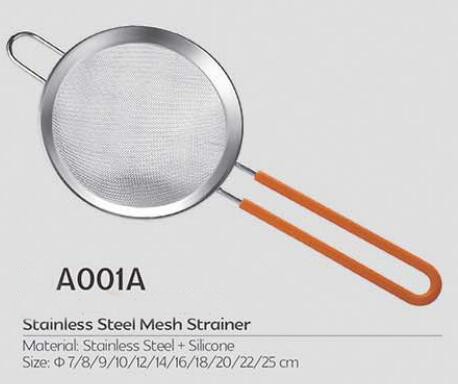 Hot selling kitchen stainless steel mesh strainer with silicone ear and handle