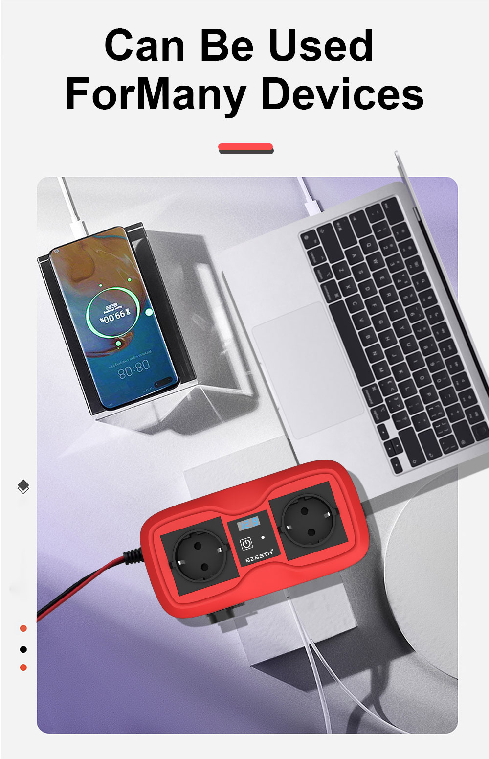 SDK Network SZSSTH DC 12V To 220V 230V 240V AC 2AC Outlet 2USB Port 200W Socket GaN PD Fast Charger Car Power Inverter