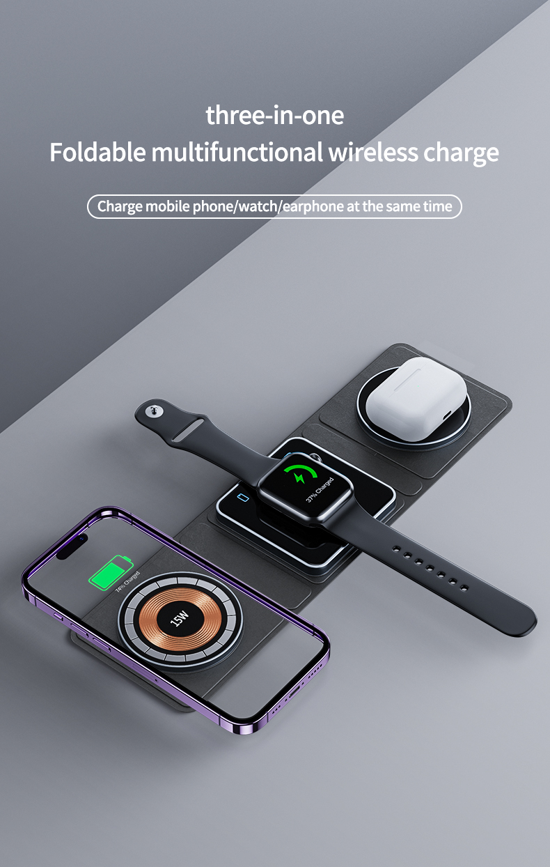 Portable 3 in 1 Wireless Charger Foldable Design for Phone Watch and Earphone 15W Fast Charging