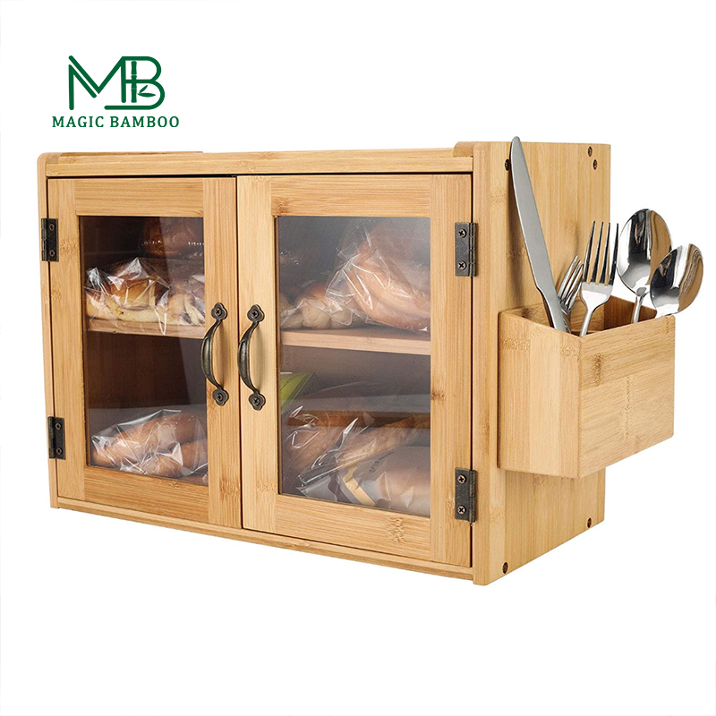 Direct 2 Tier Wall Mounted Bamboo Bread Box with Clear Window and Silverware Holder