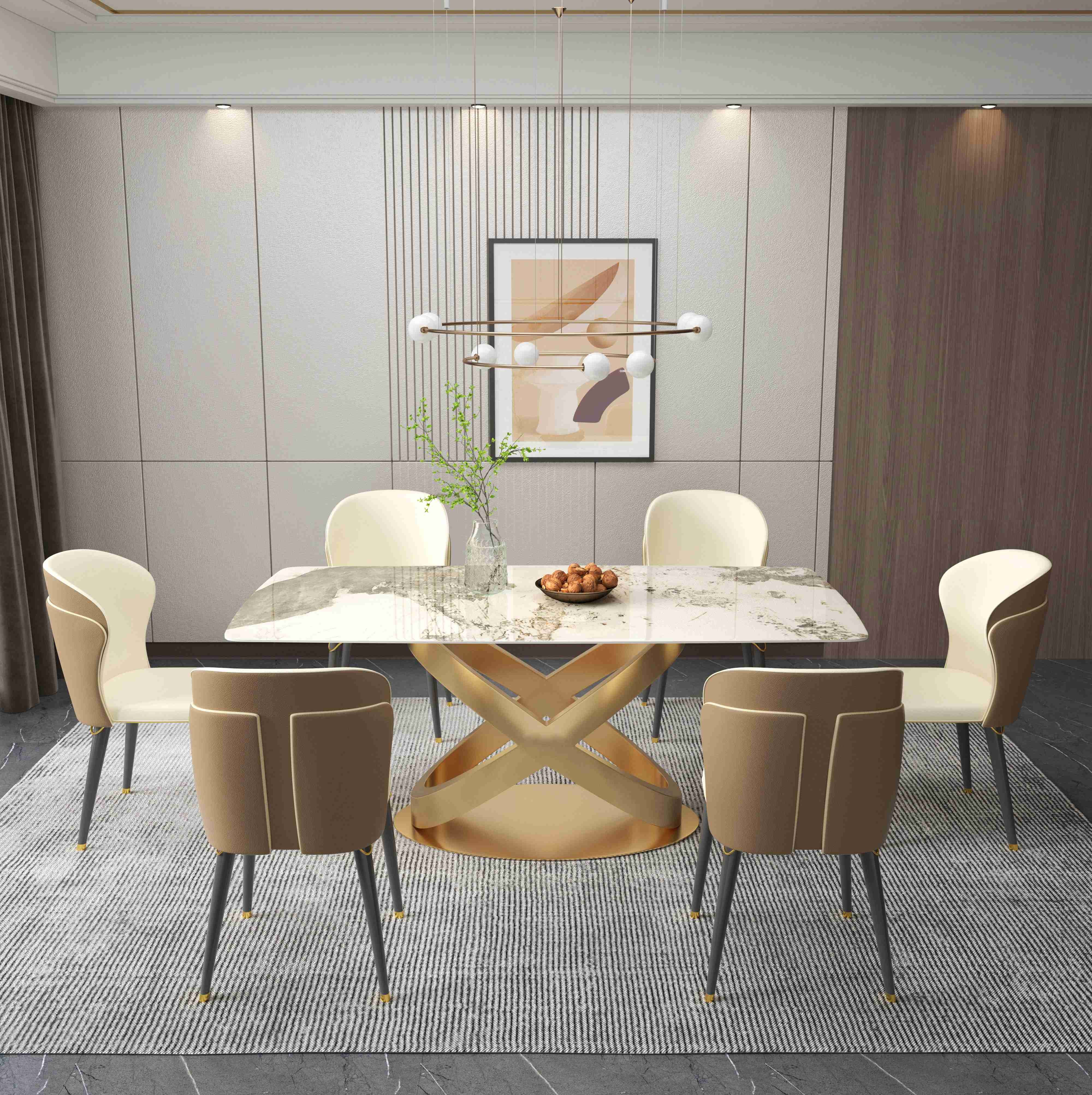 White Rectangular Stone Dining Table Chair Sets Bronze Pedestals