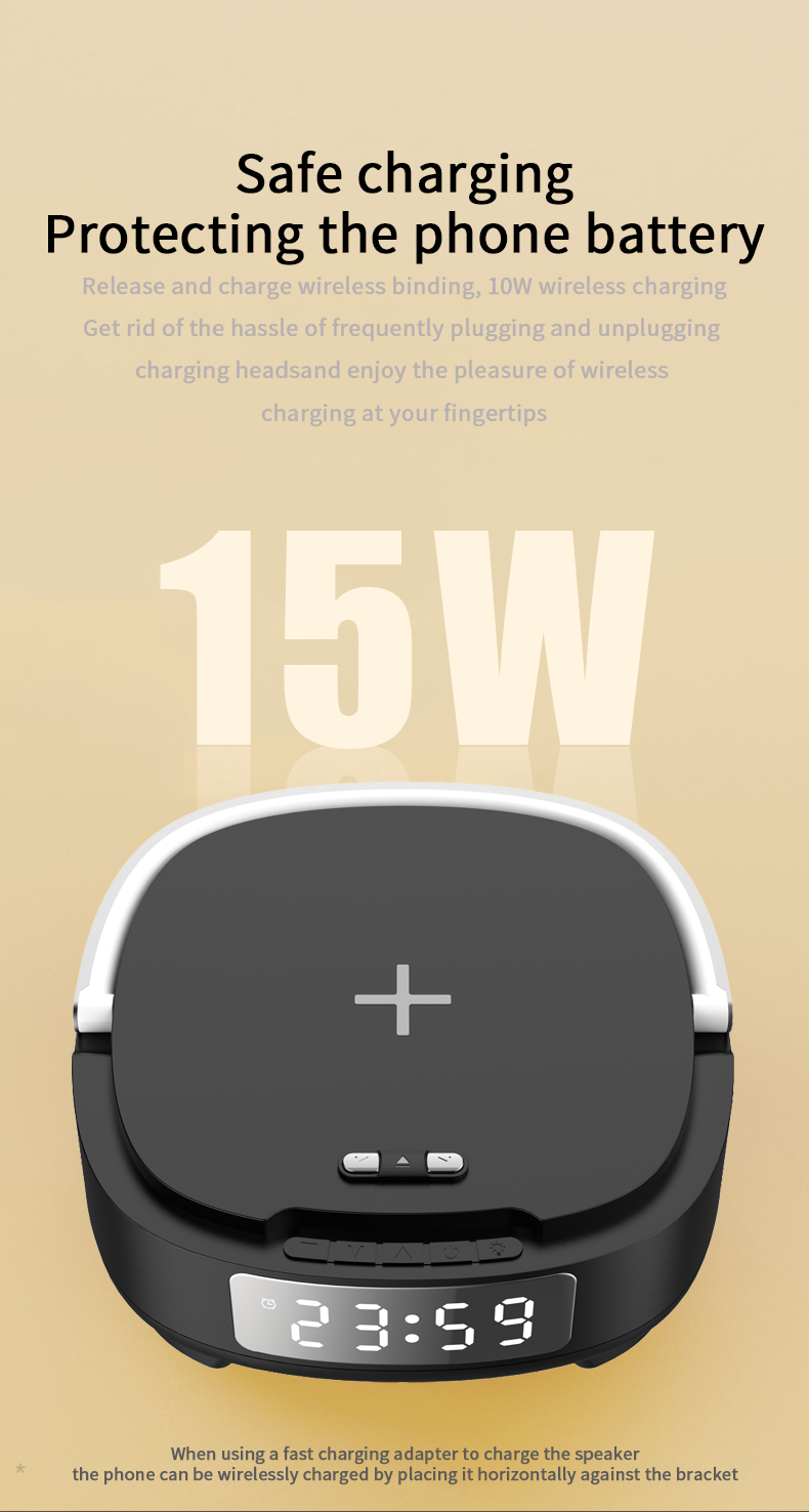 Wireless Fast Charger with Night Light Bluetooth Speaker and Alarm Clock 9V/2A Input