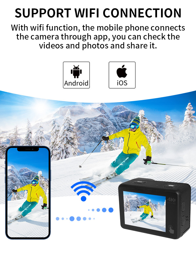 IMX386 Sensor 4K HD Action Camera 2.0'' TFT LCD Touch Panel For Sports