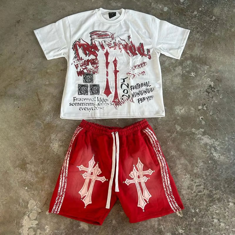 Clothing Manufacturer Custom Streetwear Summer Graphic 100% Cotton Oversized Acid Wash Shorts and t Shirt 2 Piece Set for Men